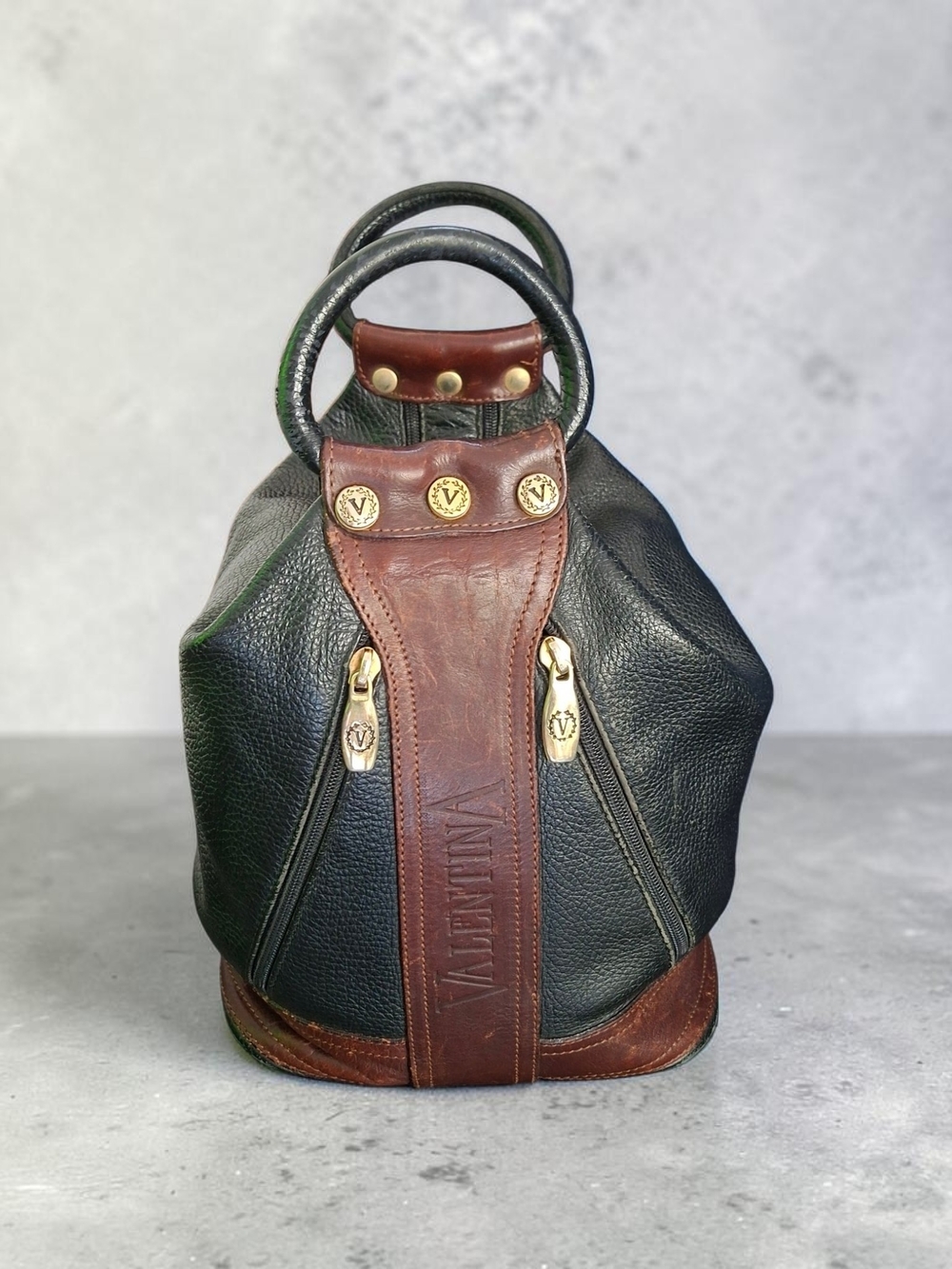 Valentina Italy Vintage Bi-Color pebbled leather Bucket Handbag - Italian Purse